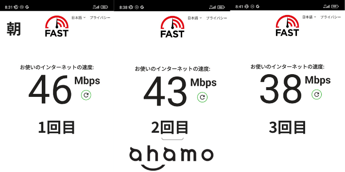 8時台 ahamoの速度結果 