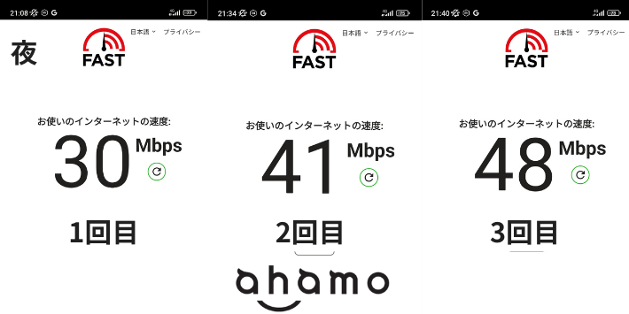 21時台 ahamoの速度結果 